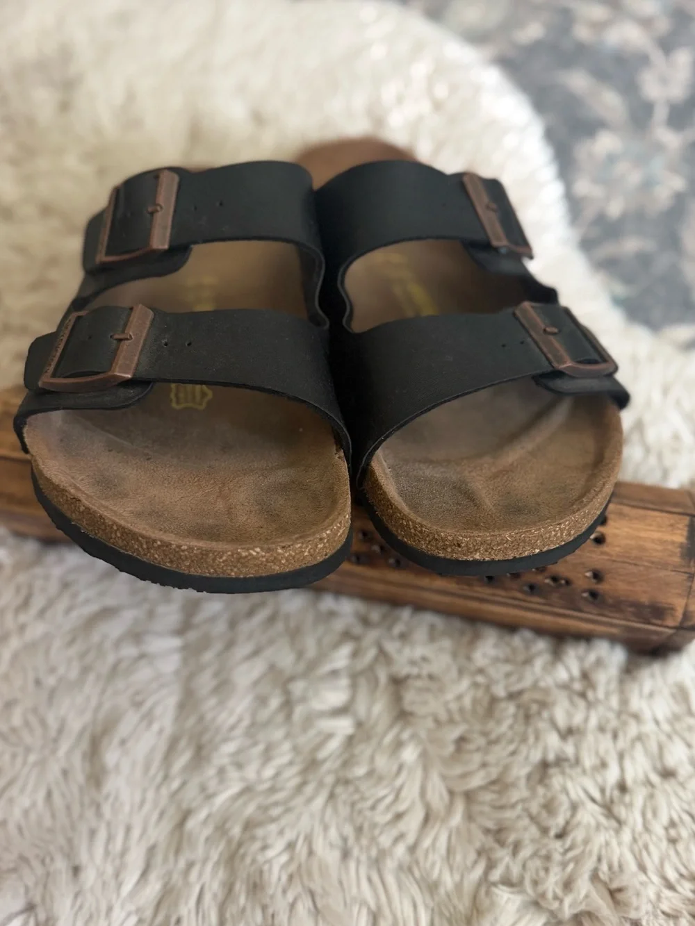 Birkenstock Men's Arizona  Black Leather Bronze Buckle  SZ 44 11M